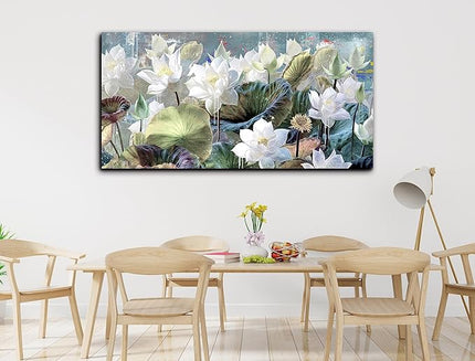 GUGIKA Flower Wall Art for Living Room, White Lotus Canvas Wall-Art for Bedroom, Watercolor Floral Print Paintings, Size 48x24 Inches
