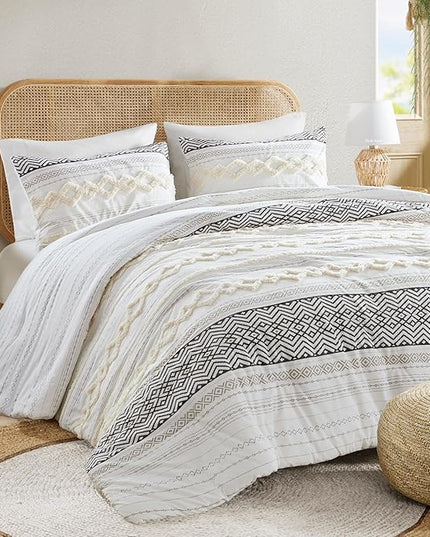 Hyde Lane Farmhouse Bedding Comforter Sets King, Ivory Boho Bed Set,Cotton Top with Modern Neutral Style Clipped Jacquard Stripes, 3-Pieces Including Matching Pillow Shams (104x90 Inches)