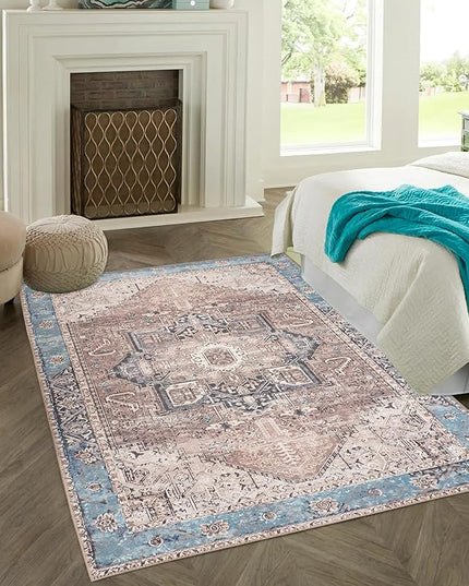 GLN Rugs Traditional Collection - Machine Washable Area Rug, Traditional Washable, Non Slip, Low Pile Chenille Rug, Living Room, Bedroom, Kitchen Rug (4'x6' Brown/Blue)