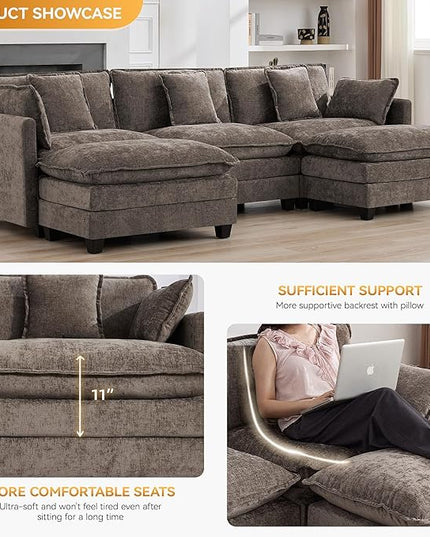 111'' Sectional Cloud Deep Seat Couch, Oversized Chenille U Shaped Sectional Sofa for Living Room Set, Comfy Upholstered Modular 3-Seats Sectional Sofa Couch with 2 Movable Ottoman, Brown