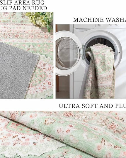 9x12 Area Rugs Washable,Green Rug for Living Room Bedroom Dining Room,Large Boho Vintage Bohemian Distressed Oriental Carpet Non Slip,Sage Blush Floral