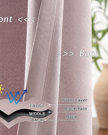 100% Blackout Pink Linen Curtains 80 Inches Long 2 Panels for Patio Bedroom, Noise Reducing Total Black Out Thermal Insulated Grommet Window Curtain Panels, Pink, W52 x L80, 2 Panels