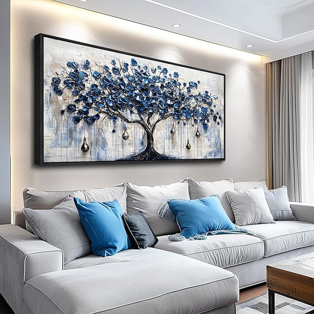 XIGUANGART Tree of Life Large Wall Art Watercolor Blue Farmhouse Framed Artwork Tree & bell Canvas Prints Pictures Modern Abstract Paintings Wall Decor for Living Room Bedroom Home Office Decoration