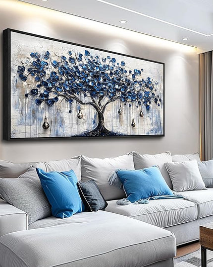 XIGUANGART Tree of Life Large Wall Art Modern Abstract Paintings Watercolor Blue Farmhouse Framed Artwork Tree & bell Canvas Prints Pictures Wall Decor for Living Room Bedroom Home Office Decoration