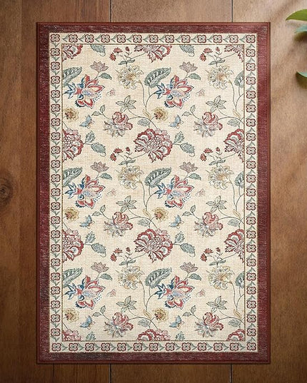 jinchan Elora 2x3 Floral Rug for Entryway Washable Kitchen Rug Vintage Romance Design Christmas Small Mat Non Slip Indoor Doormat Lightweight Low-Profile Throw Carpet for Entrance Bathroom, Red/Beige