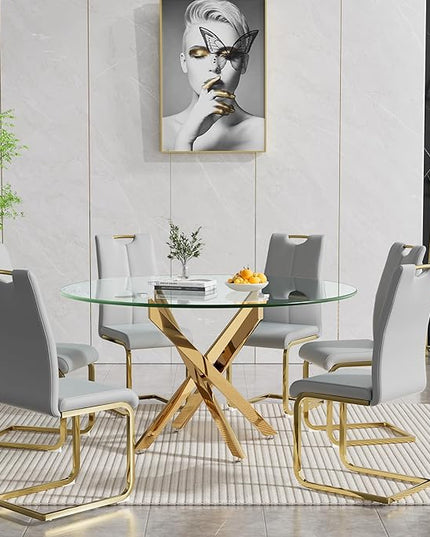 HomVent Round Glass Dining Table Set for 6, 7-Piece Modern Kitchen Table Set with 6 PU Upholstered Chair for Kitchen Dining Room, Glass Dining Room Table Set