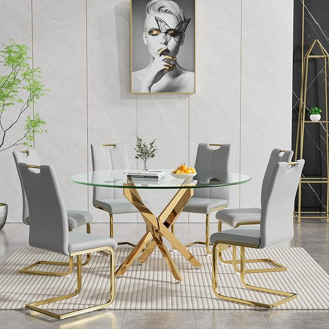 HomVent Round Glass Dining Table Set for 6, 7-Piece Modern Kitchen Table Set with 6 PU Upholstered Chair for Kitchen Dining Room, Glass Dining Room Table Set