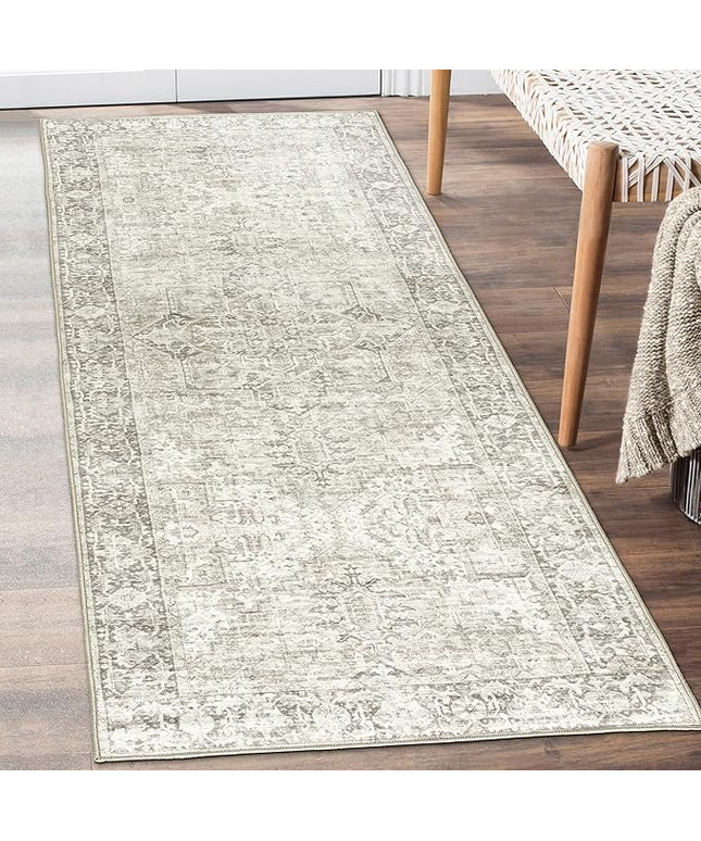 ReaLife Rugs Machine Washable Area Rug Runner - Living Room Bedroom Bathroom Kitchen Entryway Office - Padded Low Pile Stain Resistant Premium - Boho Farmhouse Vintage - Lyle - Beige Ivory 2'6" x 10'
