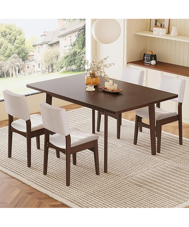 5-Piece Dining Set Modern Dinner Table Set for 4, Wood Dining Table with 4 Upholstered Chairs, 60" Rectangular Table with Stackable Chairs Padded Seat Backrest for Dining Room Kitchen Apartment,Walnut