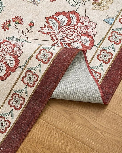 jinchan Elora 8ft Floral Round Rug for Washable Living Room Rug Vintage Romance Christmas Design Non Slip Indoor Floor Cover Lightweight Low-Profile Throw Carpet for Bedroom Porch, Red/Beige