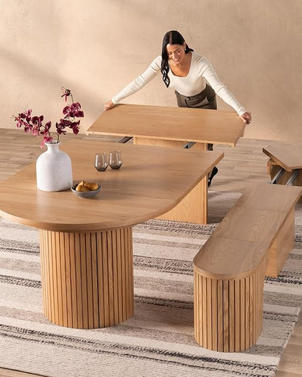 Transformer Table - Solid Wood Extendable Round Dining Table Set with Bench, Extendable Round Dining Set, Seats 4-10, Seat with Hidden Panel Storage, Scandinavian Oak, Natural Finish (Table + Bench)