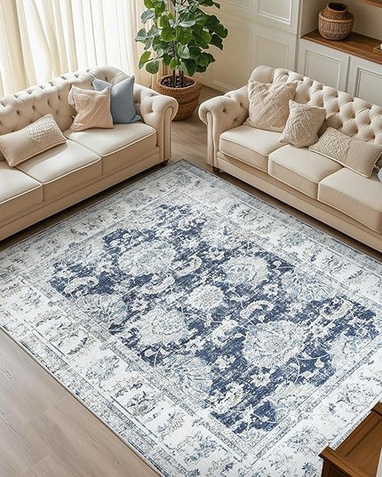 jinchan Fiora 8x10 Area Rugs for Living Room Machine Washable Vintage Floral Distressed Design Stain Resistant Boho Carpet Low Pile Non-Slip Rug for Bedroom Dining Room Home Office (8‘x10', Dark Blue)