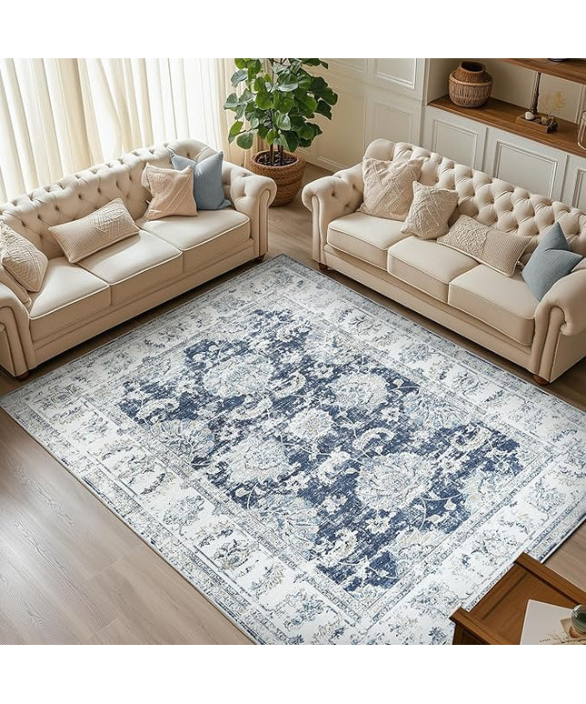 jinchan Fiora 6x9 Area Rug for Living Room Machine Washable Vintage Floral Distressed Design Stain Resistant Boho Carpet Ultra-Thin Low Pile Non-Slip Rug for Bedroom Home Office(6'x9', Dark Blue)