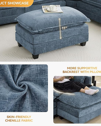 35‘’ Modern Chenille Cloud Sofa Ottoman,Rectangle Ottoman for Modular Sectional Sofa, Blue