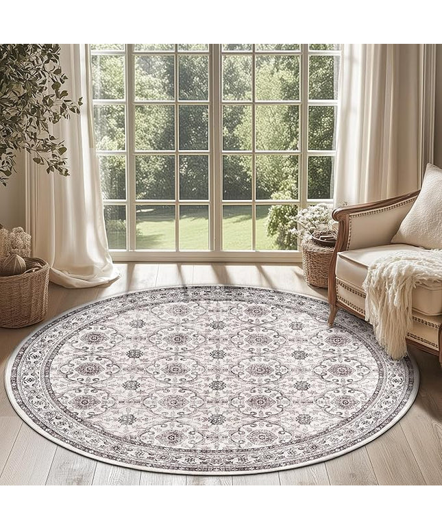 jinchan Round Rug 5ft Washable Circle Soft Rug - Low Pile Vintage 5'Round Indoor Beige Floral Print Stain Resistant Boho Carpet Ultra-Thin Non-Slip for Entryway Nursery Bedroom Dining Room Kitchen