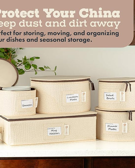 Hard Shell China Storage Containers 5-Piece Set Moving Boxes for Dinnerware, Glasses, Plates, Mugs and Saucers Sturdy Dish Organizer with Dividers for Seasonal Storage - Service for 12 - Beige