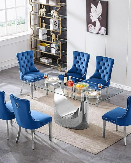 7 Piece Dining Table Set, Modern Glass Dining Table Set for 6 with Velvet Chairs, 70" Luxury Dining Table Chairs Set of 6, Kitchen Dining Room Sets for Dinner Dinette Breakfast Banquet, Blue+Silver
