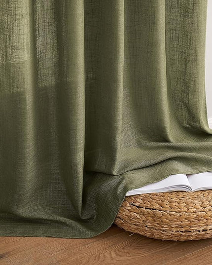 MIULEE Light Olive Green Linen Curtains 108 Inches Long 2 Panels for Bedroom Living Room, Soft Linen Textured Natural Window Drapes Semi Sheer Light Filtering Back Tab Rod Pocket Burlap Look Decor