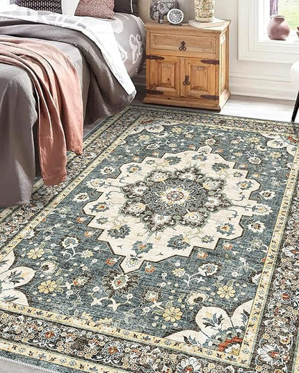 Washable Oriental Area Rug - 5x8 Rugs for Living Room Soft Carpet for Bedroom Waterproof Floral Distressed Indoor Stain Resistant Non-Shedding Floor Carpets (Blue, 5x8)