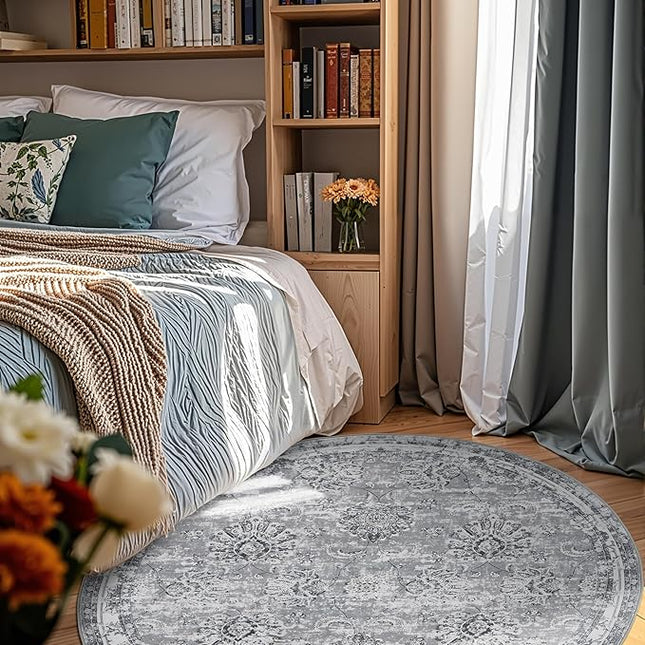 jinchan Fiora Round Rug 6ft Area Rug - Grey Vintage Floor Mat Indoor Ultra-Thin Soft Floral Print - Washable Circle 6' Retro Accent for Farmhouse Non Slip Dining Room Living Room Bedroom Office