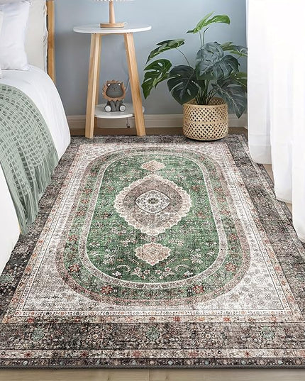 Green Rug 3x5,Washable Area Rugs for Bedroom Living Room Kitchen Entryway,Small Boho Vintage Bohemian Distressed Oriental Non Slip Carpet