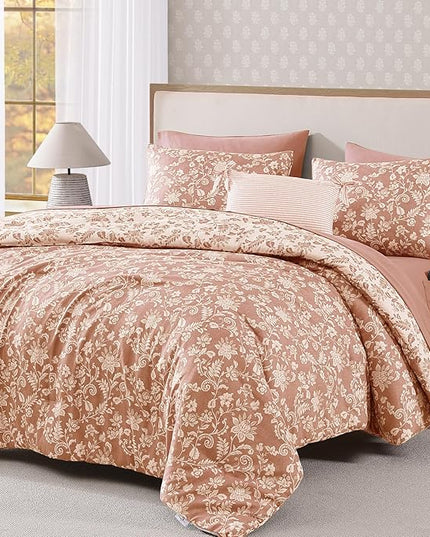 Full Comforter Set -7 Pieces Clay Pink Floral Comforter Set for All Seasons, Bed in a Bag Full with Botanical Flowers Comforter, Sheets, Pillowcases & Shams