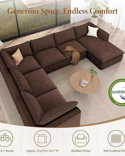 Vesgantti 141.7" Oversized Boneless Sectional Couch, Modern 7 Seater Modular Sofa with Chaise, Deep Seat Convertible Corduroy Cloud Couches for Living Room, No Assembly Required, Dark Brown
