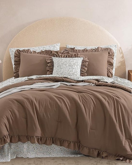 Full Comforter Set - 7 Pieces Ruffle Amber Brown Bedding Sets, Shabby Chic Farmhouse Bed in a Bag with Ruffle Comforter, Floral Sheets, Pillowcases & Shams