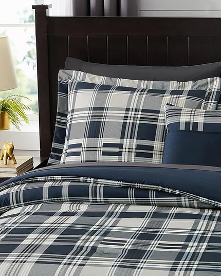 MaiRêve Full Size Comforter Set Navy Blue, Plaid Design Comforter Set 7 Pieces, All Season Comfortable Bedding Sets Full, Lightweight, Soft and Warm (Navy Blue, Full)