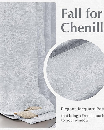 FMFUNCTEX Grey Floral Jacquard Blackout Curtains 63 Inch Length for Bedroom, Scroll Flower Chenille Farmhouse Curtains for Living Room Darkening Thermal Insulated Grommet Window Drapes 2 Panels