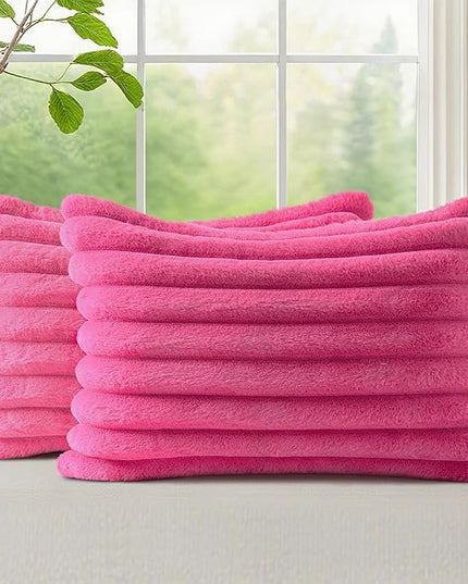 decorUhome Faux Fur Spring Throw Pillow Covers 12x20 Set of 2, Decorative Soft Plush Striped Lumbar Neutral Couch Euro Pillow Covers with Velvet Back for Sofa, Bed, Living Room Home Decor, Hot Pink