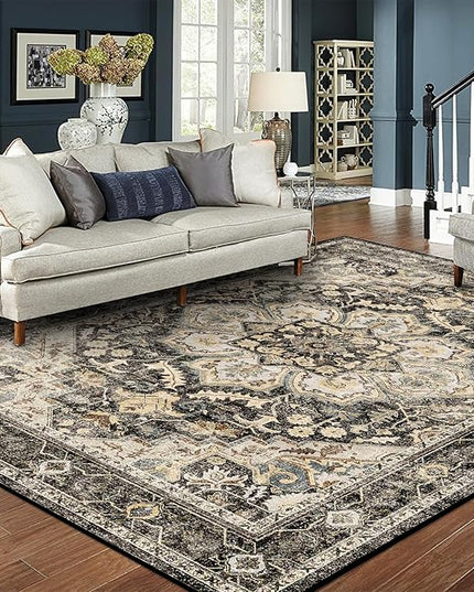 Washable Area Rugs 8x10 - Large Rugs for Living Room Non-Slip Non-Shedding Thin Carpet for Bedroom Kitchen Stain and Water Resistant Indoor Carpets (Black/Grey, 8x10)