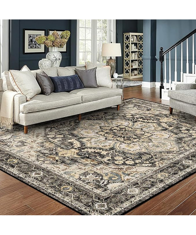 Washable Area Rugs 8x10 - Large Rugs for Living Room Non-Slip Non-Shedding Thin Carpet for Bedroom Kitchen Stain and Water Resistant Indoor Carpets (Black/Grey, 8x10)