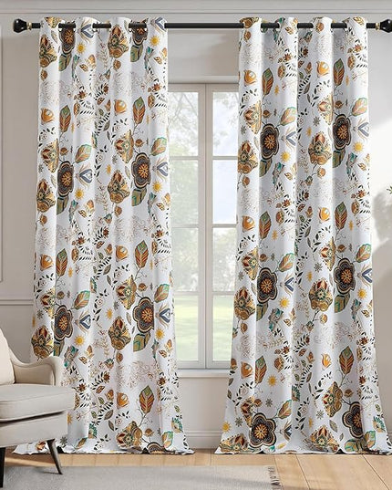 XiDi White Vintage Floral Blackout Curtains 2 Panels for Living Room Bedroom 84 Inches Long Boho Flower Leaf Patterned Curtains Thermal Insulated Mid Century Colorful Grommet Window Drapes 52x84