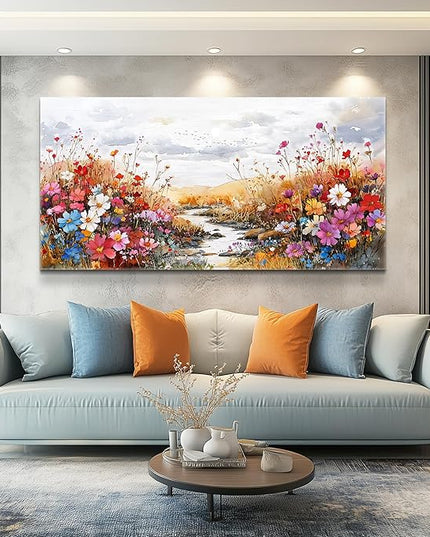 XIGUANGART Flower Wall Art Canvas Prints Rural Landscape Wall Decor Colorful Farmhouse Nature Floral Pictures Plants Painting Artwork for Living Room Dining Room Bedroom Office Bathroom 40 x 20