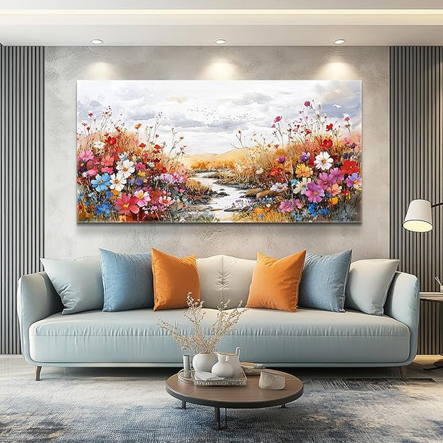 XIGUANGART Flower Wall Art Canvas Prints Rural Landscape Wall Decor Colorful Farmhouse Nature Floral Pictures Plants Painting Artwork for Living Room Dining Room Bedroom Office Bathroom 40 x 20