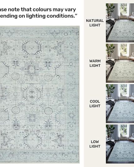 GLN Rugs Bohemian Collection - Machine Washable Area Rug, Bohemian Vintage, Non Slip, Low Pile Chenille Rug, Living Room, Bedroom, Bathroom Rug (6'x9' Beige and Gray)