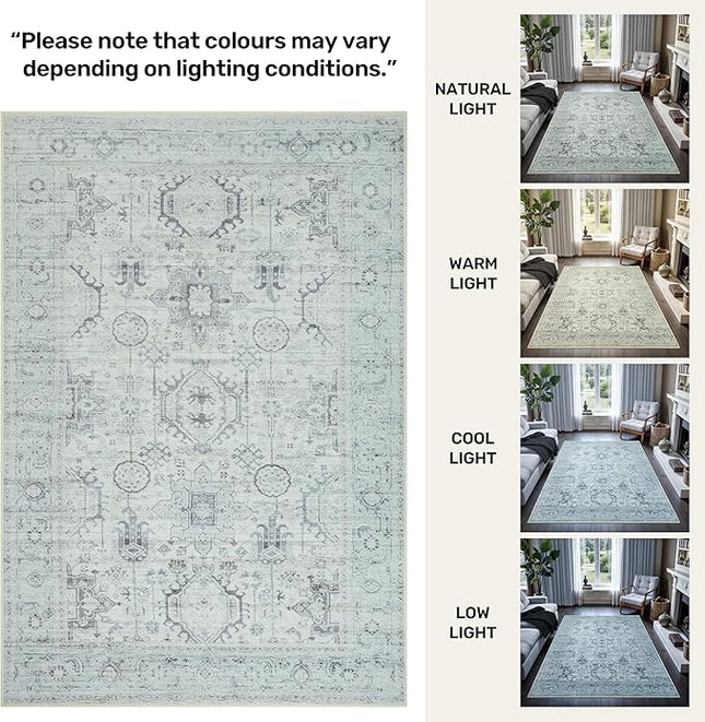 GLN Rugs Bohemian Collection - Machine Washable Area Rug, Bohemian Vintage, Non Slip, Low Pile Chenille Rug, Living Room, Bedroom, Bathroom Rug (5'3" Round Beige/Gray)