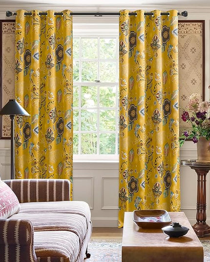 XiDi Mustard Yellow Patterned Blackout Curtains 84 Inches Long Vintage Floral Curtains for Bedroom Living Room 2 Panels Thermal Insulated Grommet Top Luxury Mid Century Colorful Drapes 52x84