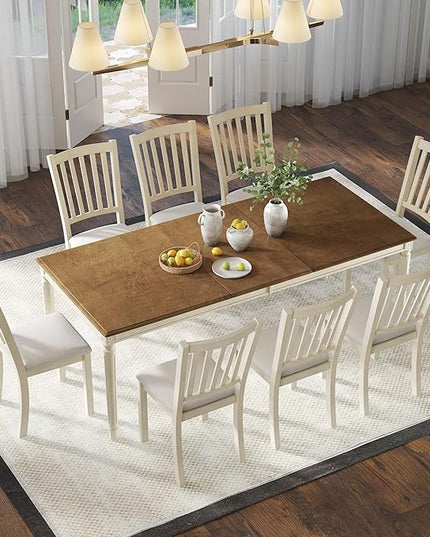 AMERLIFE 9-Piece Farmhouse Solid Wood Dining Table Set with 8 Upholstered Chairs, Roman Conical Legs, Seats up to 8, 79'' Dining Table & Chairs Set for Kitchen and Dining Room, Rustic Cream