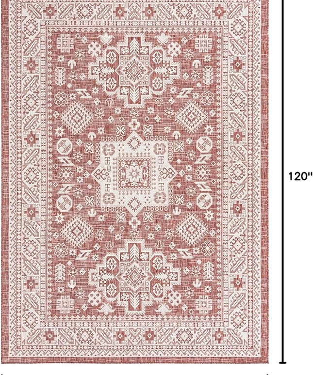 Rugs.com Outdoor Aztec Collection Rug – 7' x 10' Rust Red Flatweave Rug Perfect for Living Rooms, Large Dining Rooms, Open Floorplans