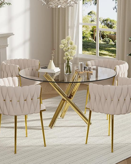 5 Pieces Modern Round Glass Dining Table Set, Clear Circular Glass Top Dinner Room Set, 47'' Gold Luxury Circle Kitchen Table Set for 4, Ivory Woven Chairs Set, for Large Place Home