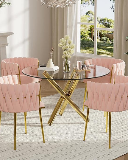 Gold Glass Round Dining Table Set for 4, 39'' Clear Dinner Table Set, 5 PCS Modern Circle Kitchen Table and Pink Woven Chairs Set, Luxury Circular Dinette Set, for Small Apartment Home