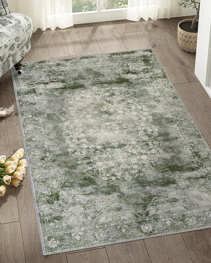 jinchan Green Floral 3x5 Area Rugs for Entryway - Machine Washable Vintage Distressed Design Low-Pile Soft Non-Shedding Christmas Carpet for Kitchen Bedside Laundry Living Room (3x5ft, Forest Green)
