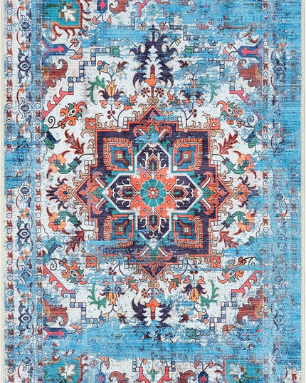 GLN Rugs Traditional Collection - Machine Washable Area Rug, Traditional Washable, Non Slip, Low Pile Chenille Rug, Living Room, Bedroom, Kitchen Rug (2'x3' Blue)