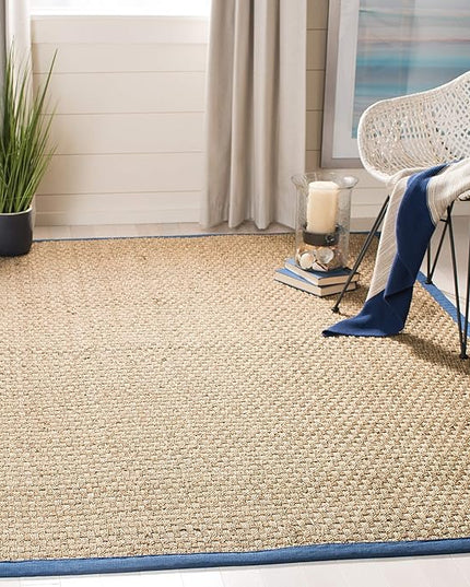 SAFAVIEH Area Rug 6' Square - Natural Fiber Collection - Natural & Navy, Seagrass, Basketweave Pattern with Border (NF114T)