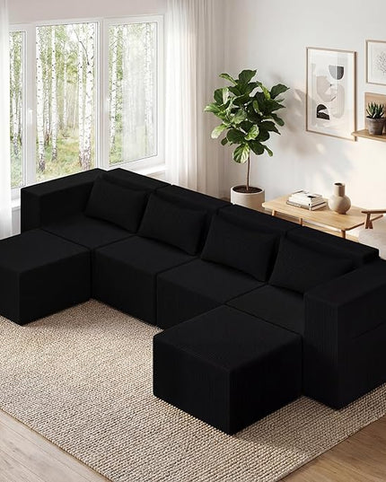 Minimalist Modular Corduroy Cloud Couch Sectional – Oversized Boneless Memory Foam Sofa for Living Room, Modern Comfy Couch, No Assembly Needed（130" U Shaped Boneless Sofa 4-Seater + 2*Ottoman,Black）