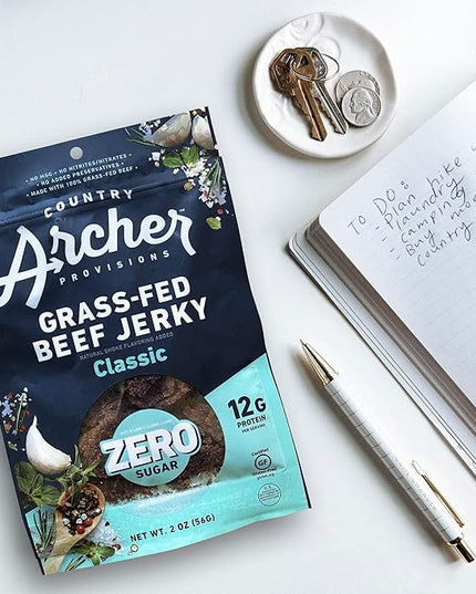 Country Archer Grass Fed Beef Jerky - Zero Sugar Beef Jerky, Sugar Free Beef Jerky Snack Pack, Beef Jerky Bulk, Individual Beef Jerky Packs, Gluten Free, Paleo - Classic Flavor, 2 oz (Pack of 6)