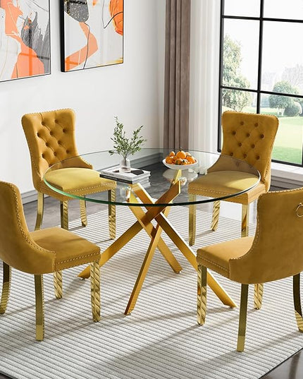 Round Glass Dining Table Set for 4, 47'' Clear Circular Kitchen Table and Chairs Set, 5PCS Modern Circle Dining Room Table Set with 4 Velvet Dining Chair for Home