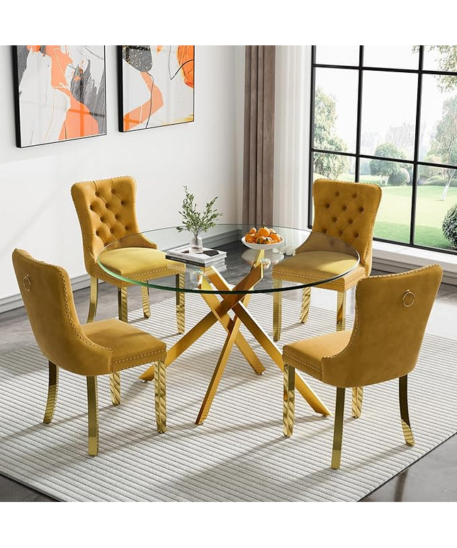 Round Glass Dining Table Set for 4, 47'' Clear Circular Kitchen Table and Chairs Set, 5PCS Modern Circle Dining Room Table Set with 4 Velvet Dining Chair for Home